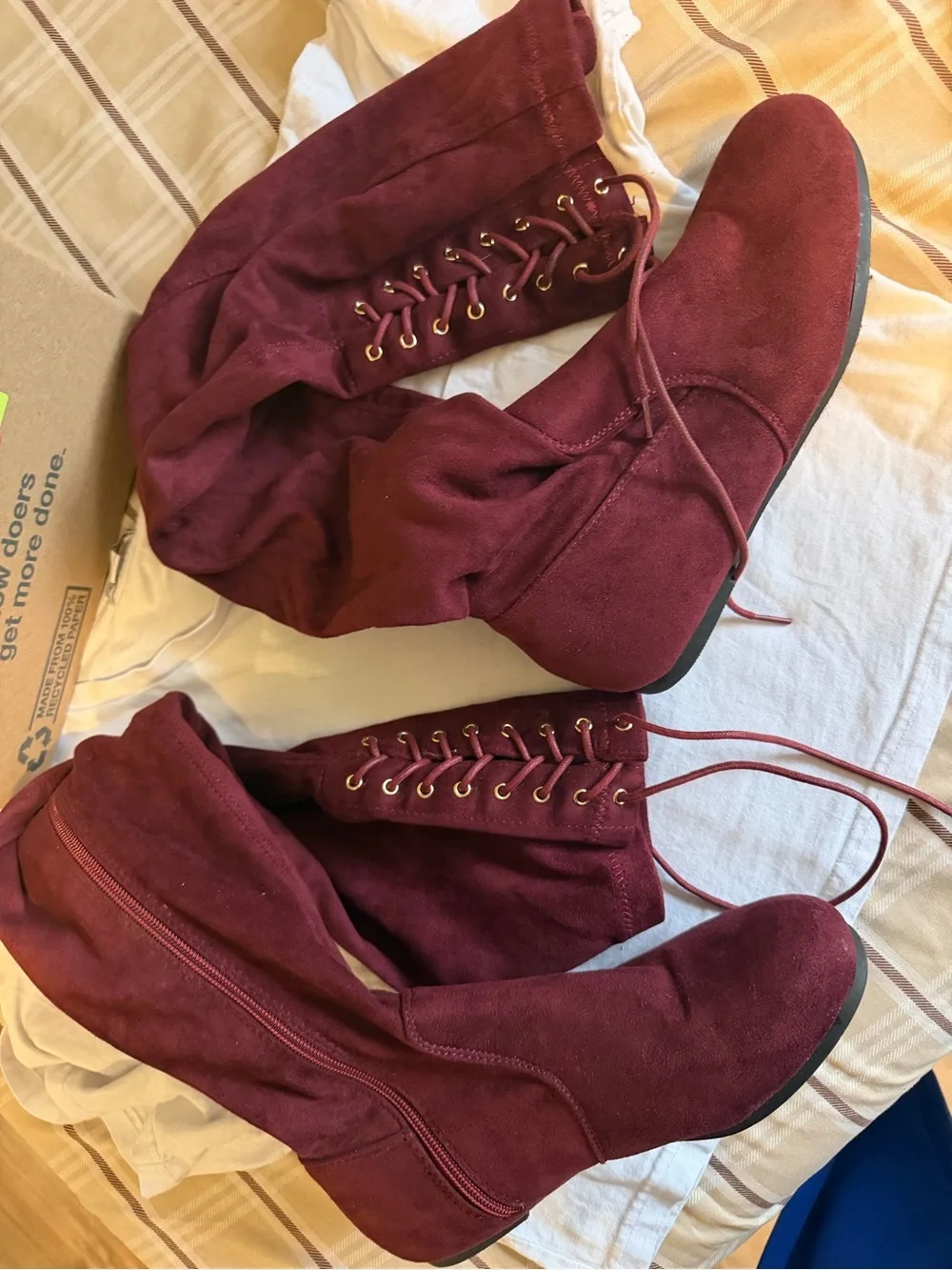 Over-the-Knee Lace-Up Boots in Burgundy Suede